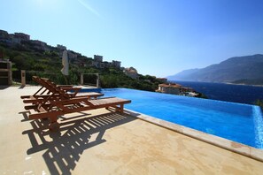 Outdoor pool, pool umbrellas, pool loungers