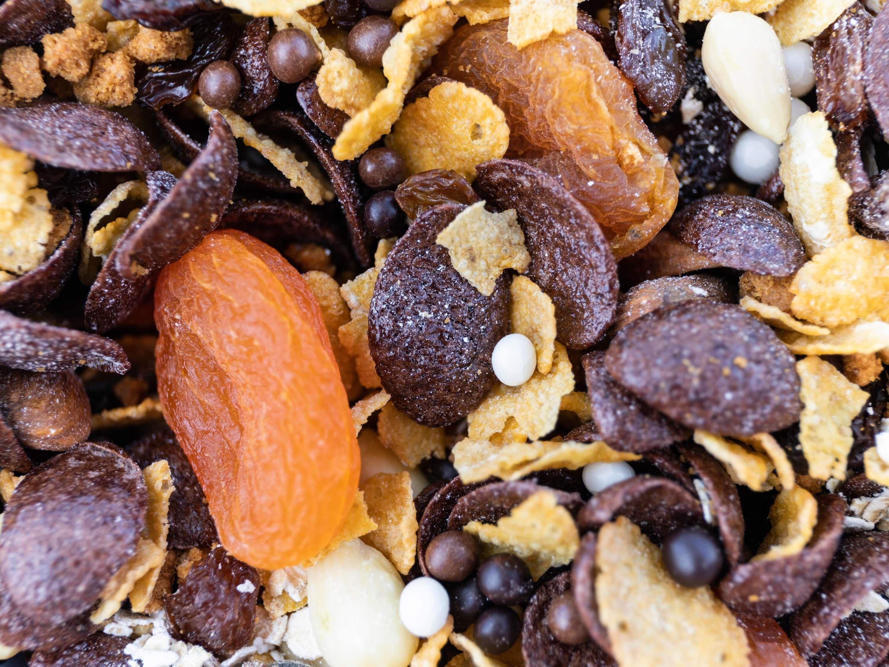 A close-up of assorted dried fruits and nuts.