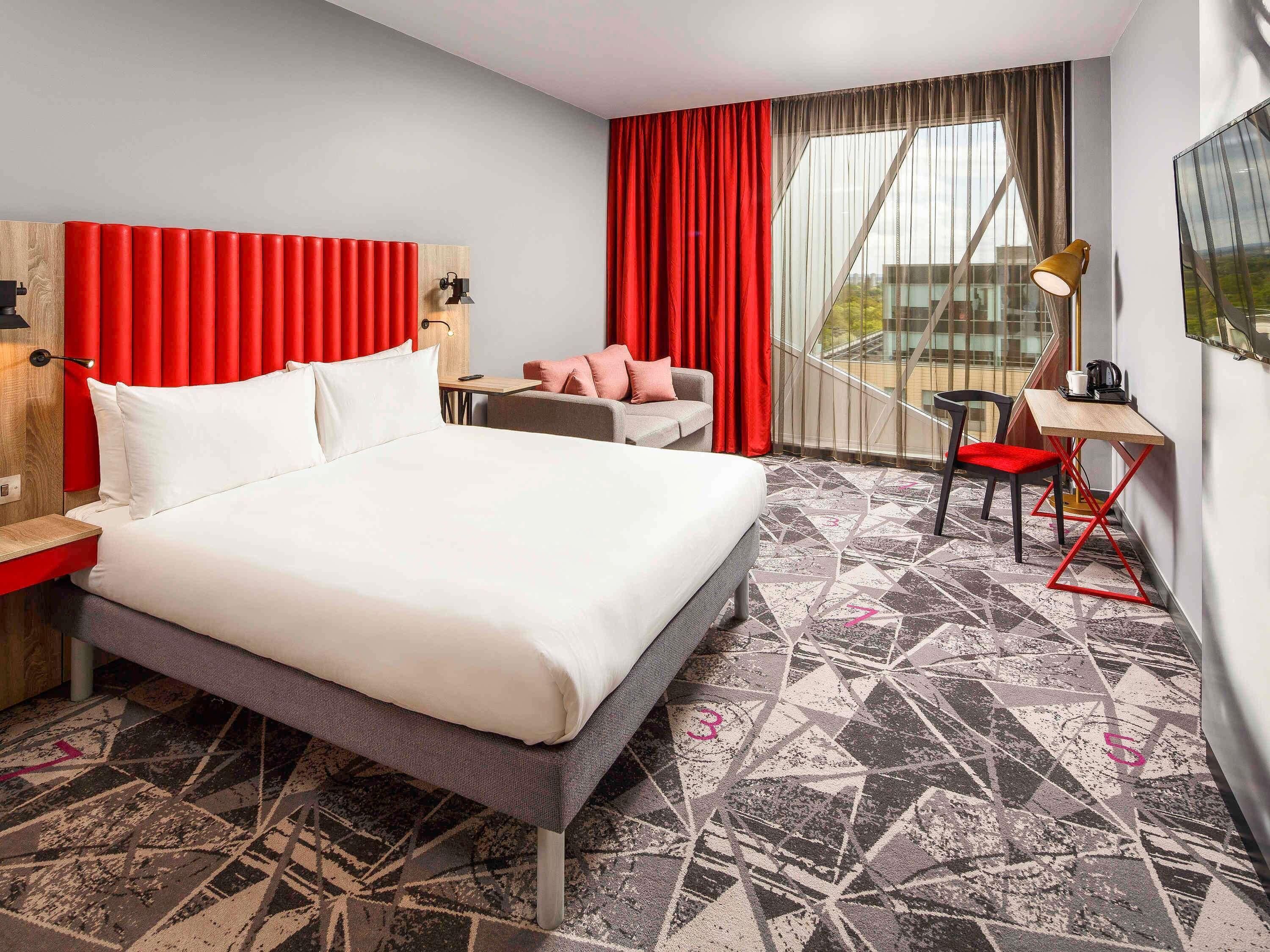 Desk, laptop workspace, blackout drapes, soundproofing