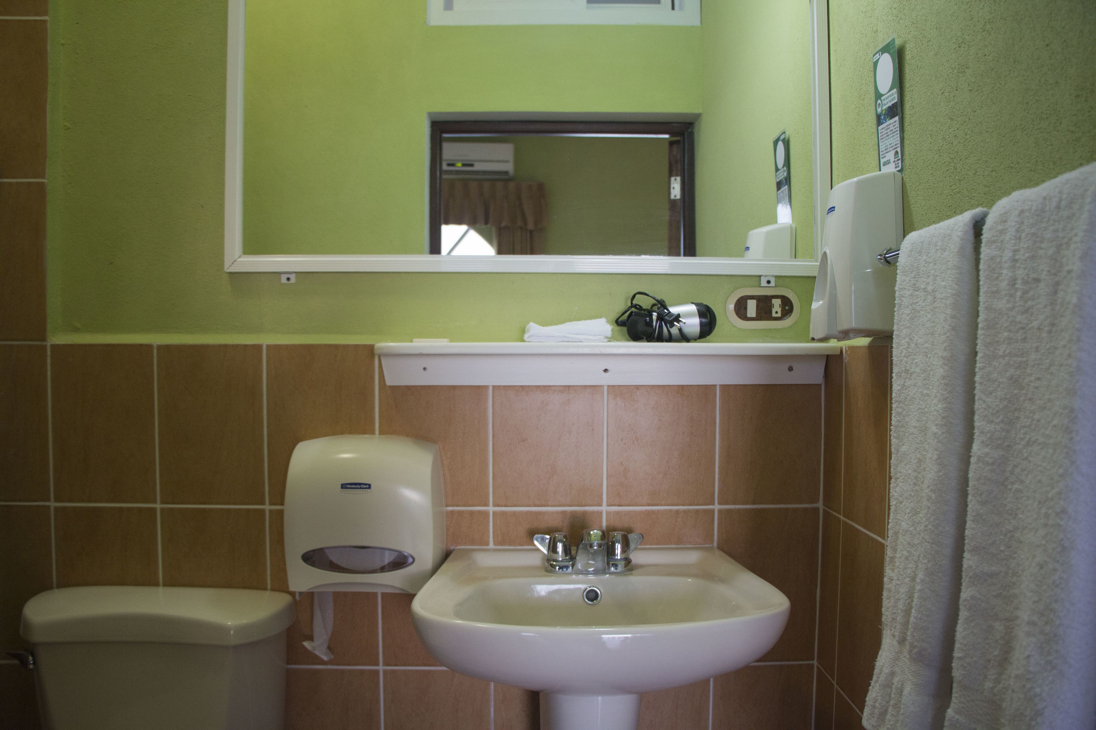 A bathroom with a sink, toilet, and mirror.