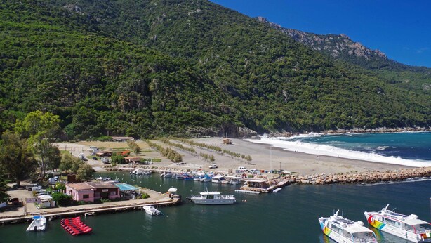 A coastal area with a marina, boats, and a beach.