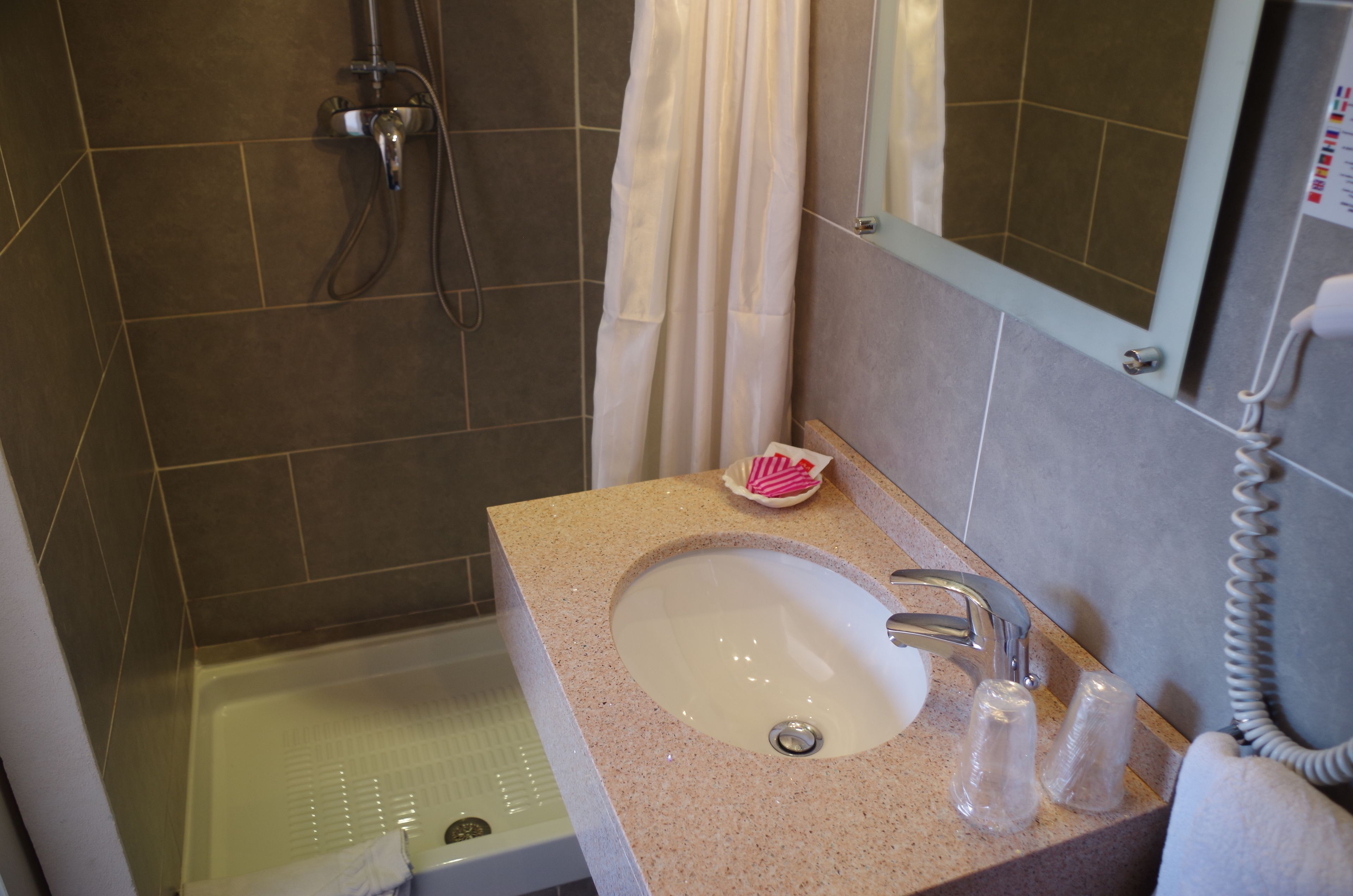 free toiletries, hair dryer, towels