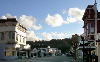 Vista callejera con edificios históricos, cielo despejado y una colina boscosa al fondo.