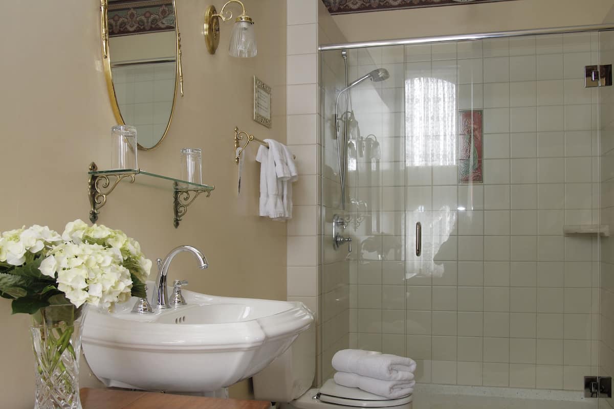 rainfall showerhead, free toiletries, hair dryer, towels