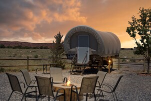 Conestoga Wagon private bathroom outside | Blackout drapes, soundproofing, iron/ironing board, free WiFi