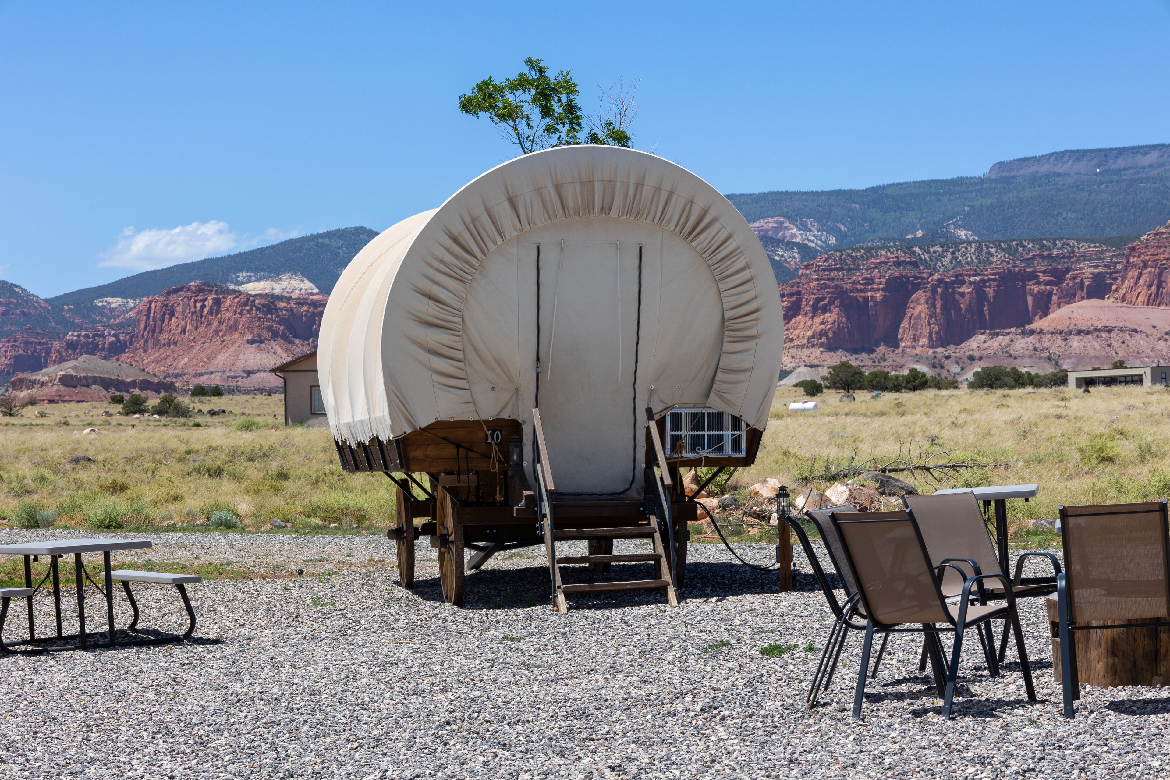 conestoga wagon private bathroom outside | view from property