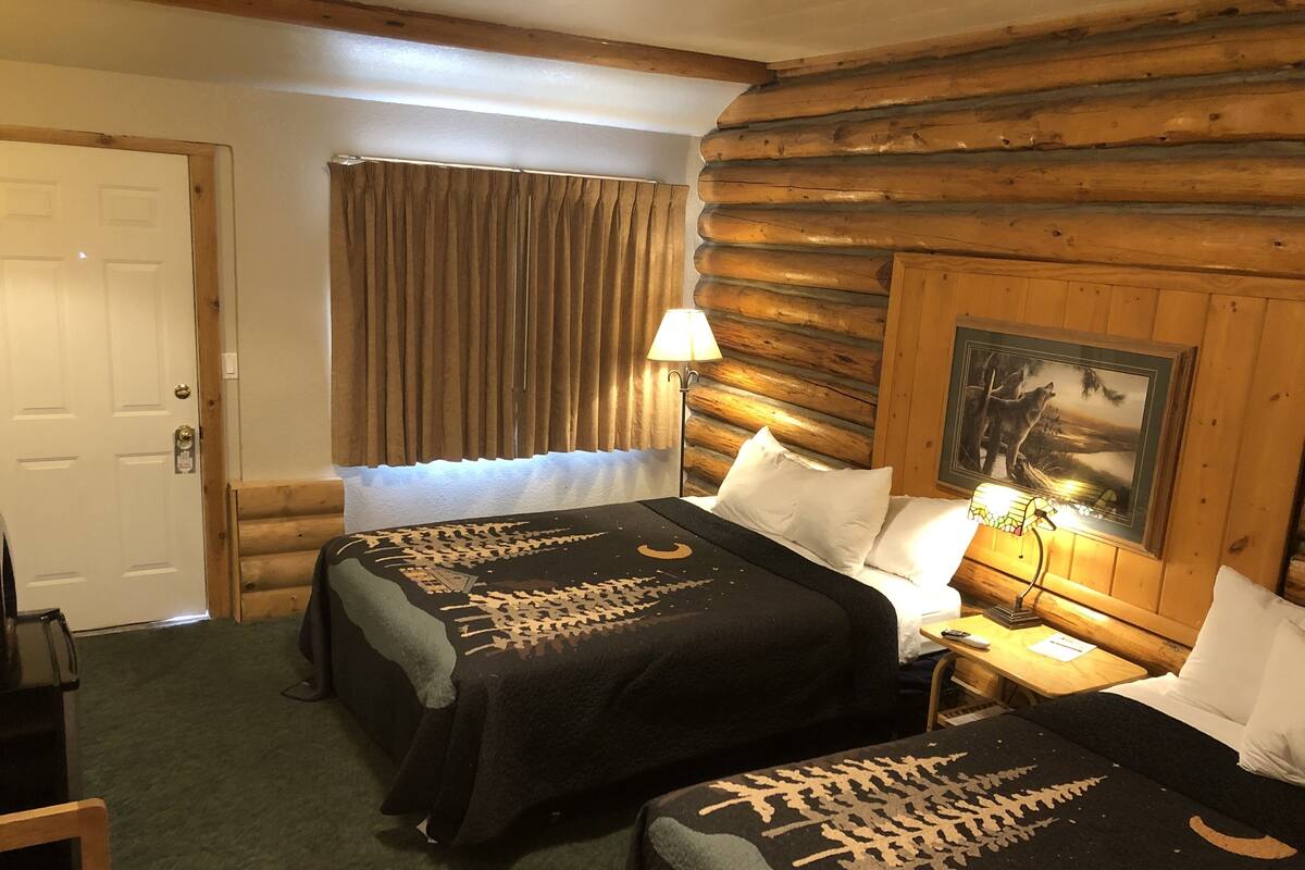 Una habitación tipo cabaña de troncos con dos camas, una pared de madera, una puerta, una ventana con cortinas, una mesita de noche con una lámpara y un cuadro enmarcado en la pared.
