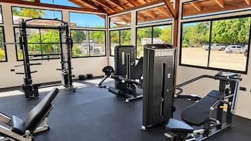 Une salle de sport équipée de divers appareils d’exercice, dotée de grandes fenêtres et d’un toit abrité.