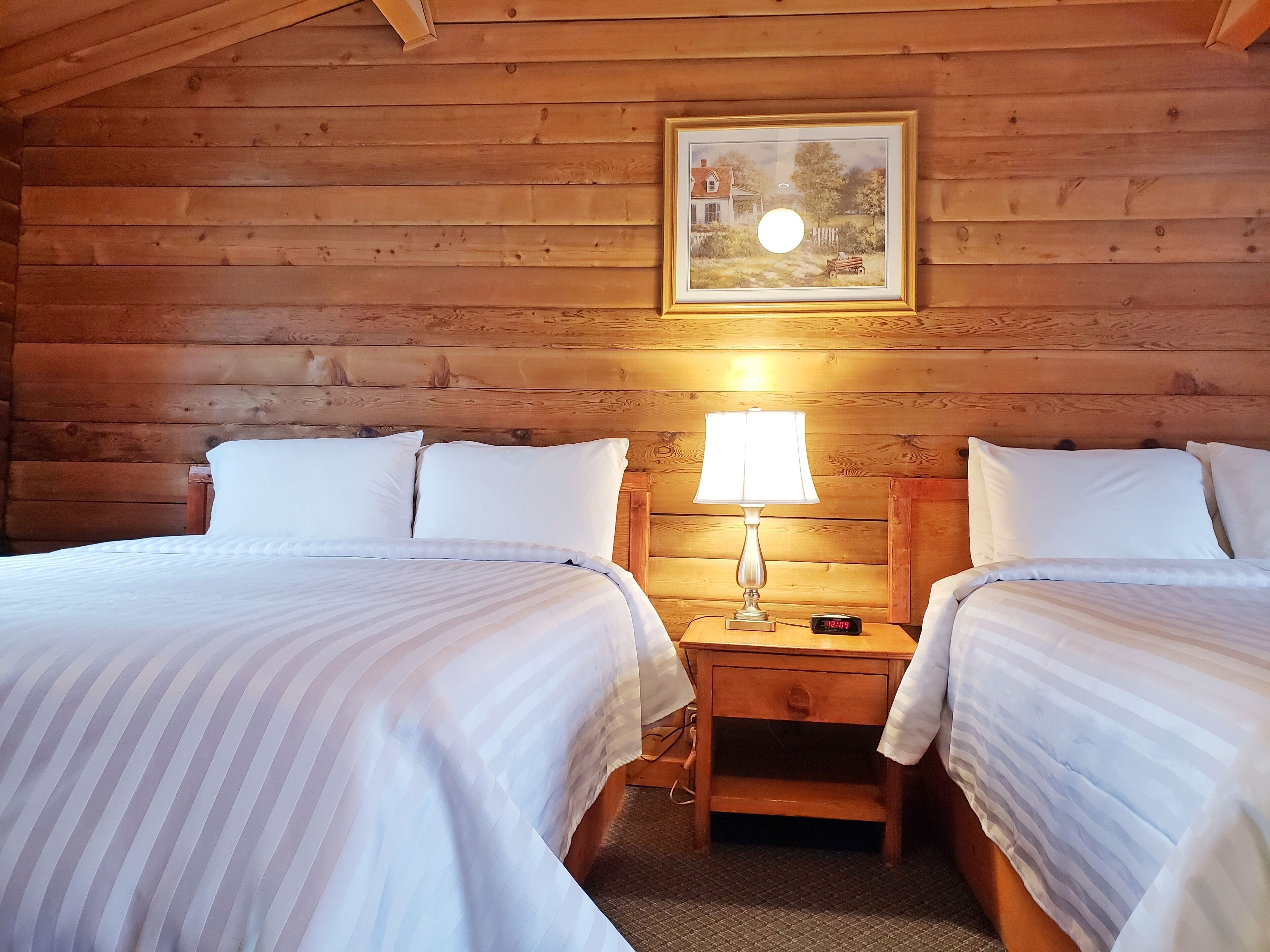 A cozy room with two beds, a nightstand with a lamp, and a framed picture on the wall.