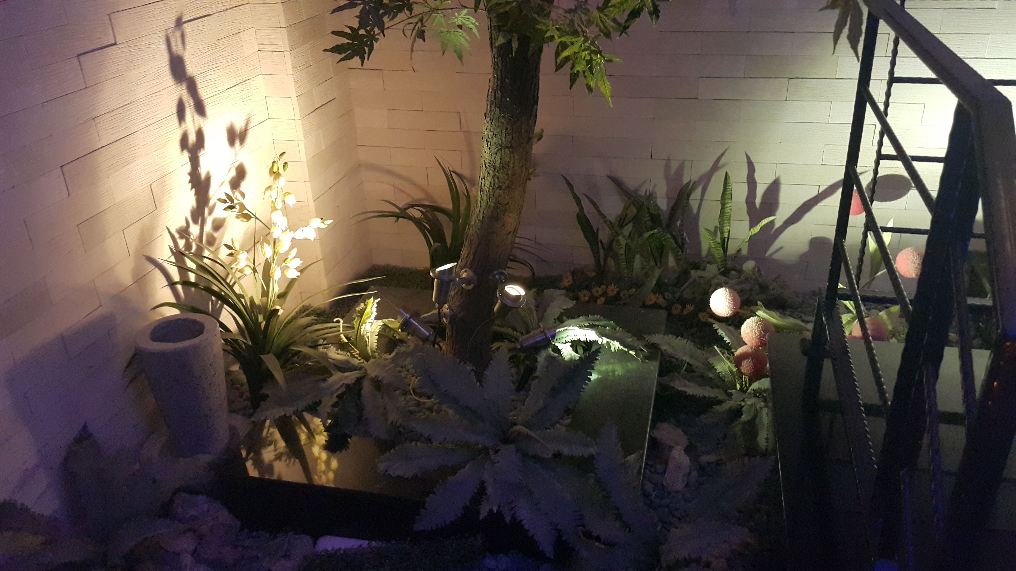 A garden with various plants and a tree, illuminated by garden lights.