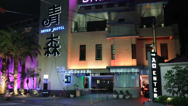 The exterior of the Dryad Motel with illuminated signage, a brick facade, and a gated entrance. - Dryad Motel (Tainan)