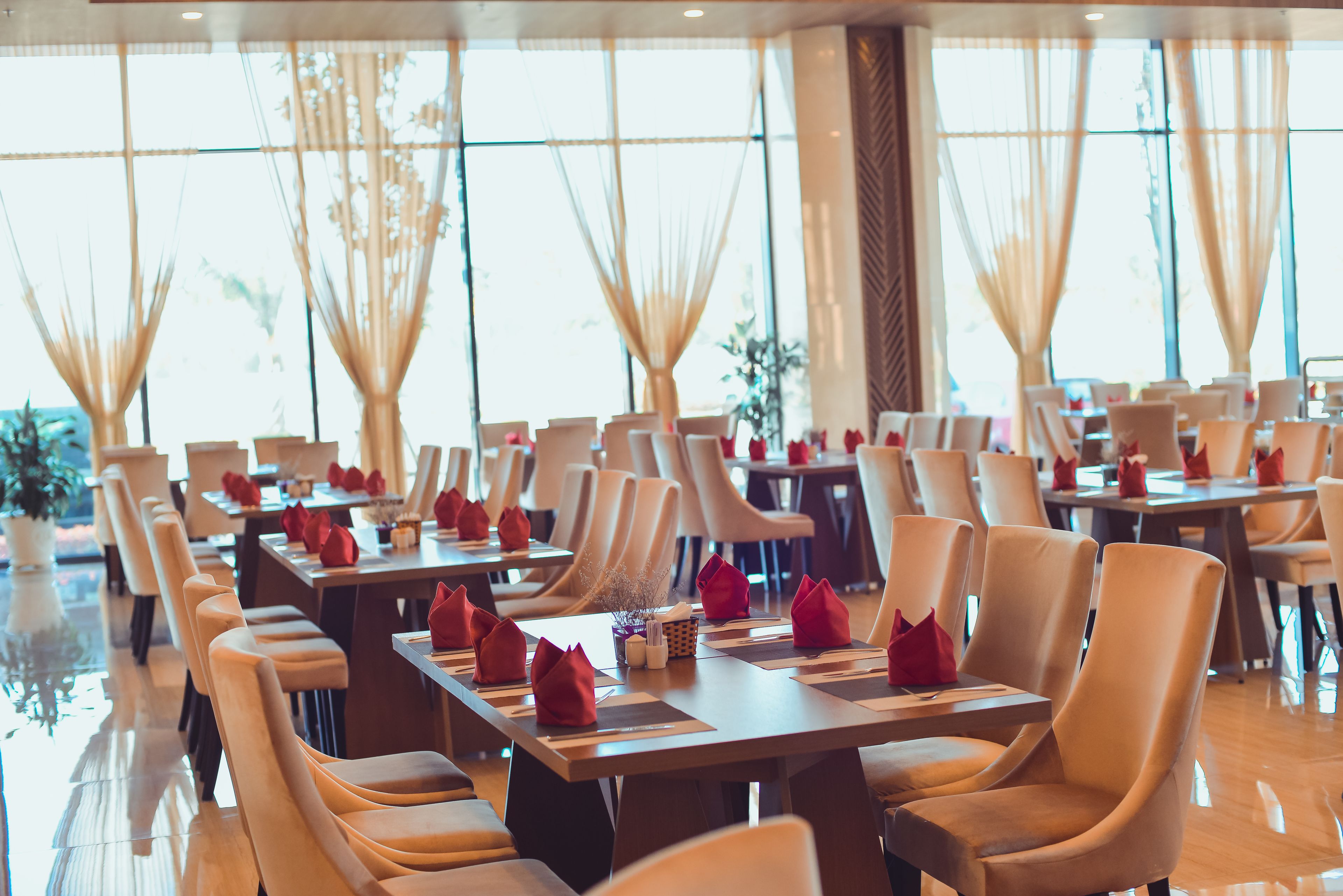 A restaurant with multiple tables and chairs, arranged in a spacious and well-lit interior.
