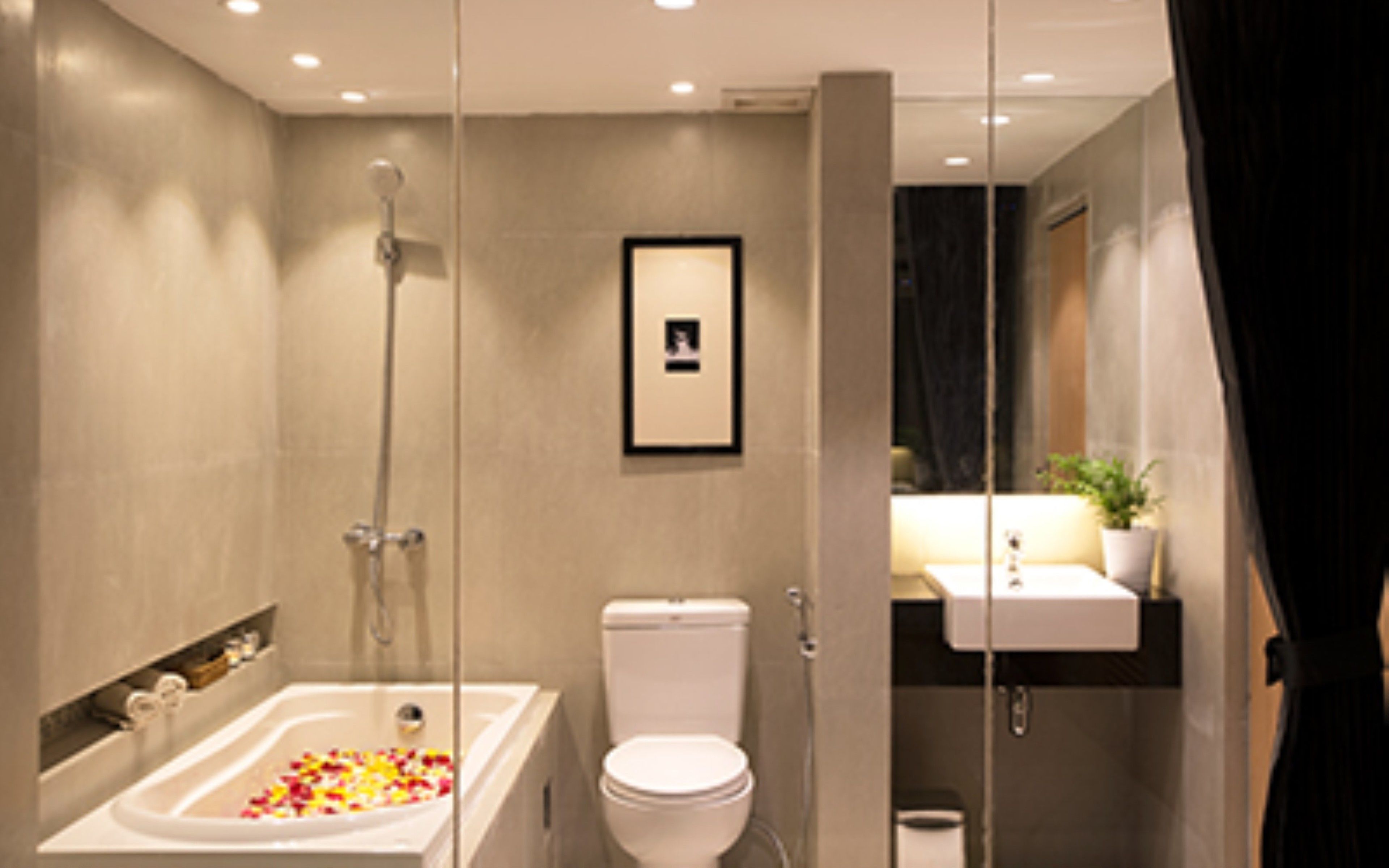 family room | bathroom | shower, free toiletries, hair dryer, slippers