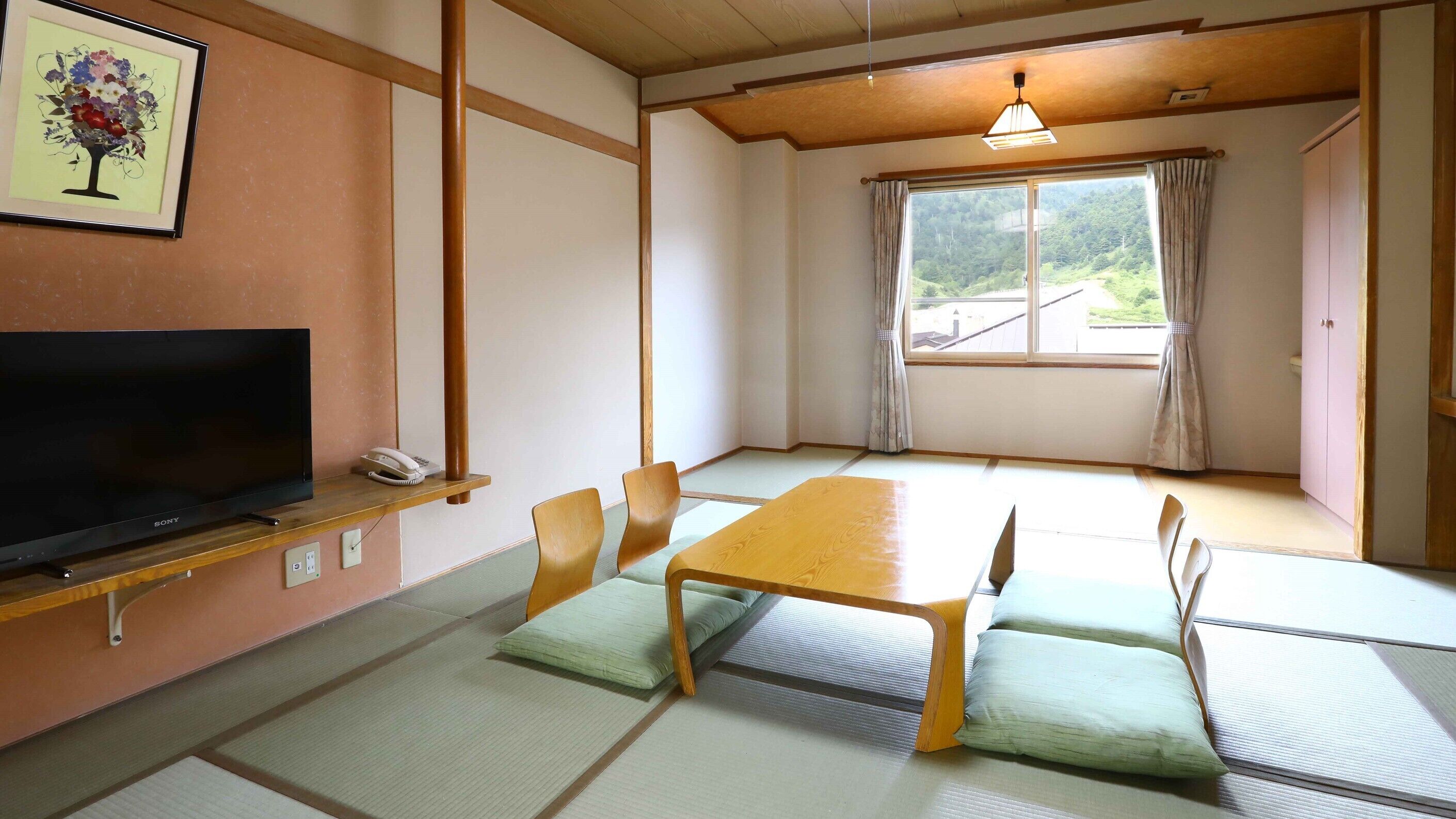 A traditional Japanese-style room with tatami flooring, a low table, and a television on a shelf.