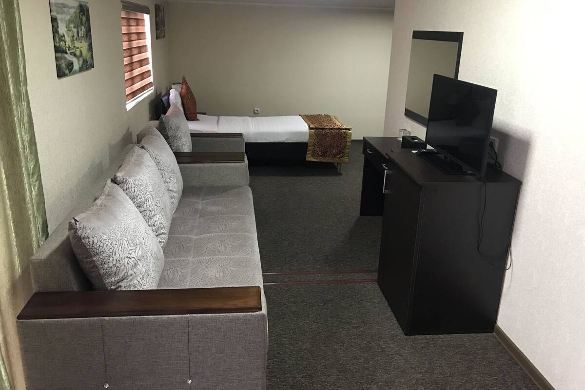 A compact hotel room with a sofa, a bed, a TV, and a small desk.