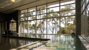 Piscina com vista para árvores e um corpo d'água através de amplas janelas.