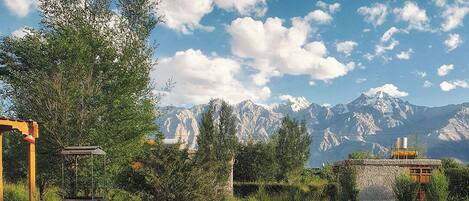 Relax in a serene outdoor space surrounded by lush greenery and mountain views.