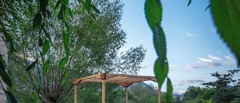 A stone wall, a wooden pergola, and a bench in a garden.