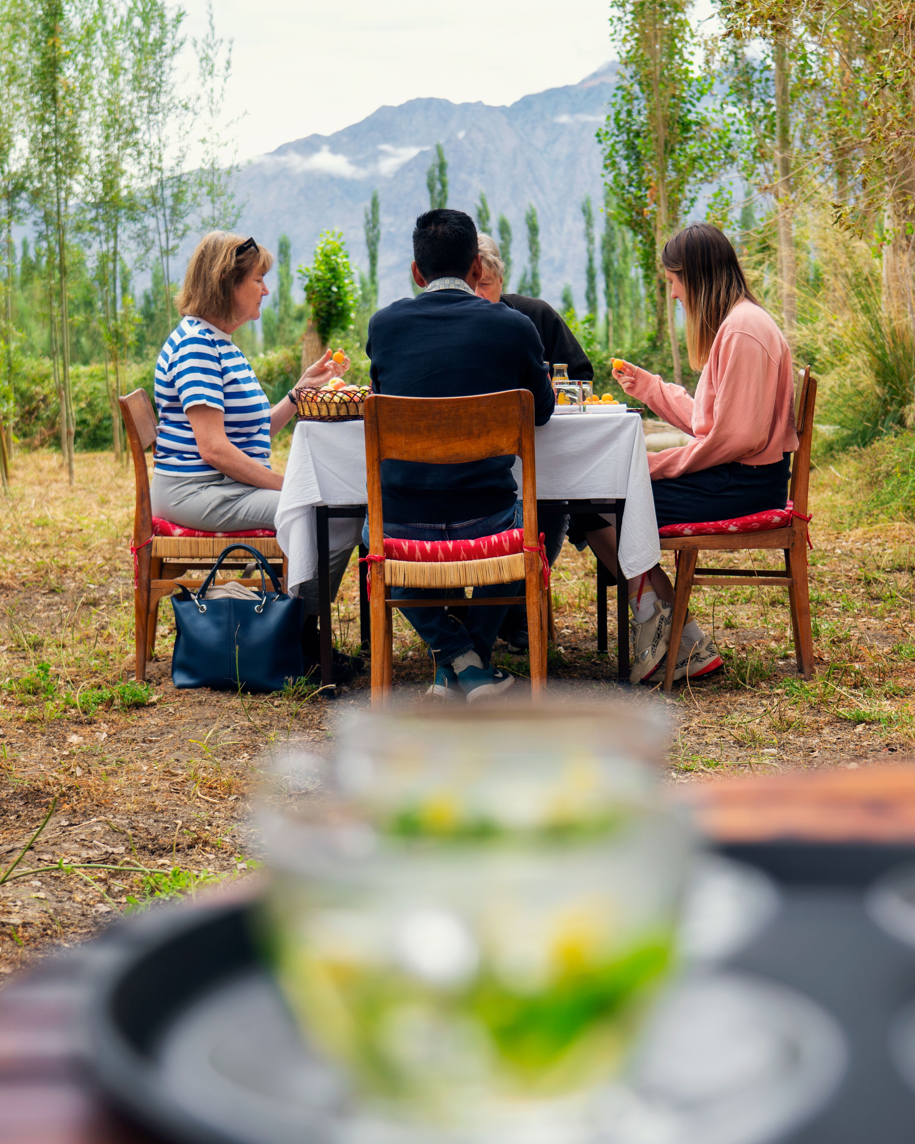 Un gruppo di persone cena all'aperto a un tavolo con vista sulle montagne.