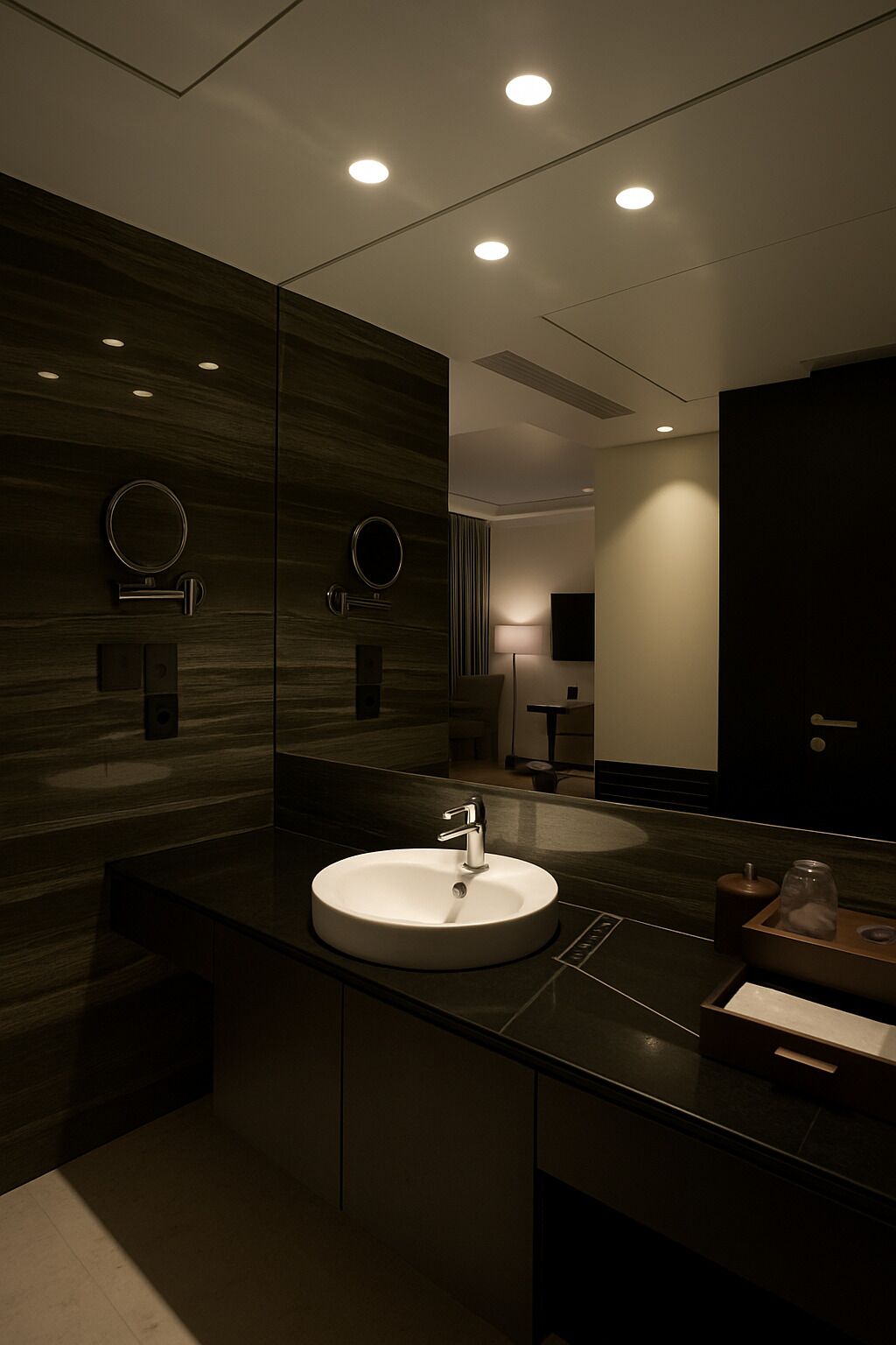 A modern bathroom with a large mirror, a round sink, and a dark wood vanity.