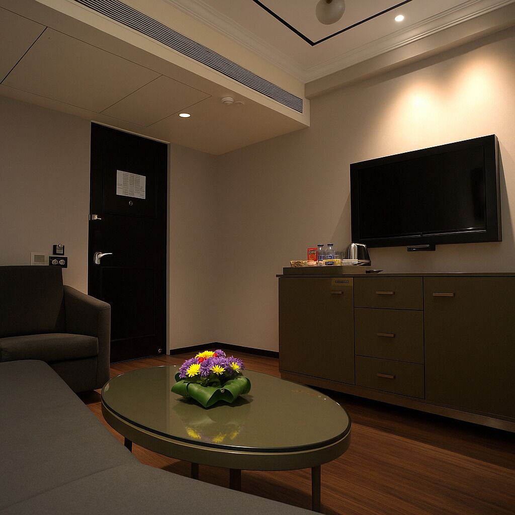 A hotel room with a sofa, a glass table with a flower arrangement, a minibar, a television, and a door with a security panel.