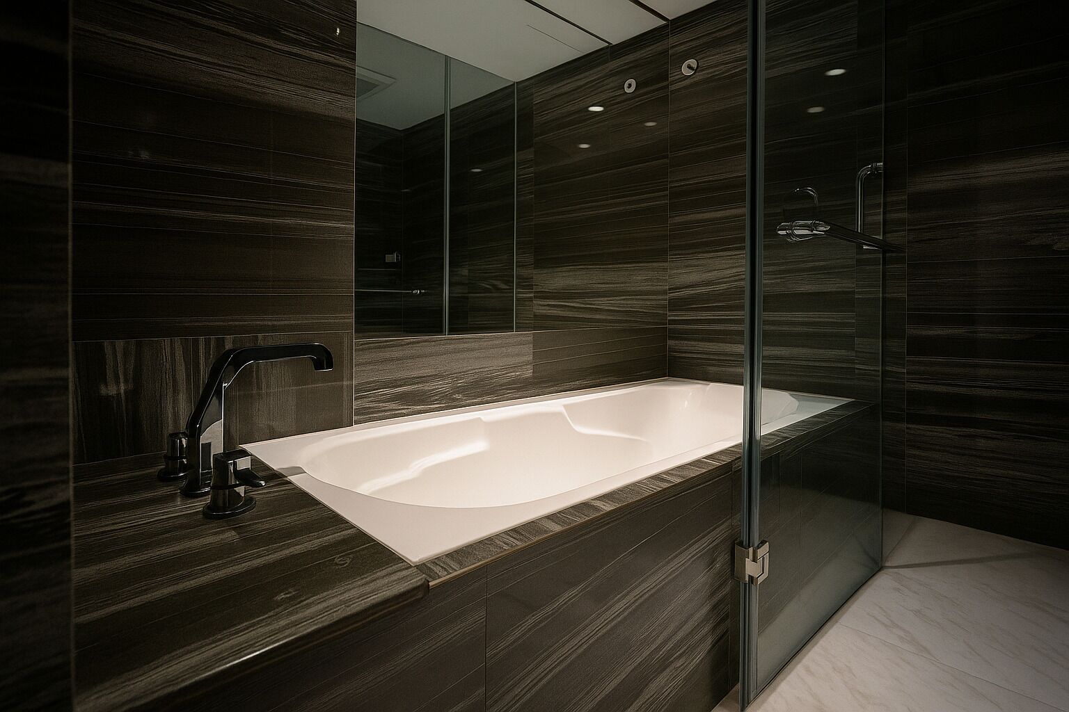 A modern bathroom with a freestanding bathtub, a glass shower enclosure, and dark wood paneling.