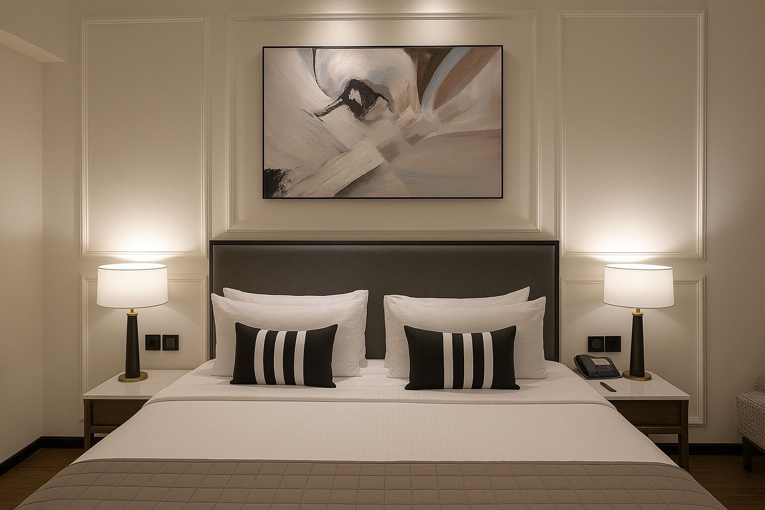 A hotel room with a large bed, two bedside lamps, a modern abstract painting, and a telephone on the nightstand.