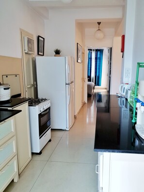Full-size fridge, microwave, oven, stovetop