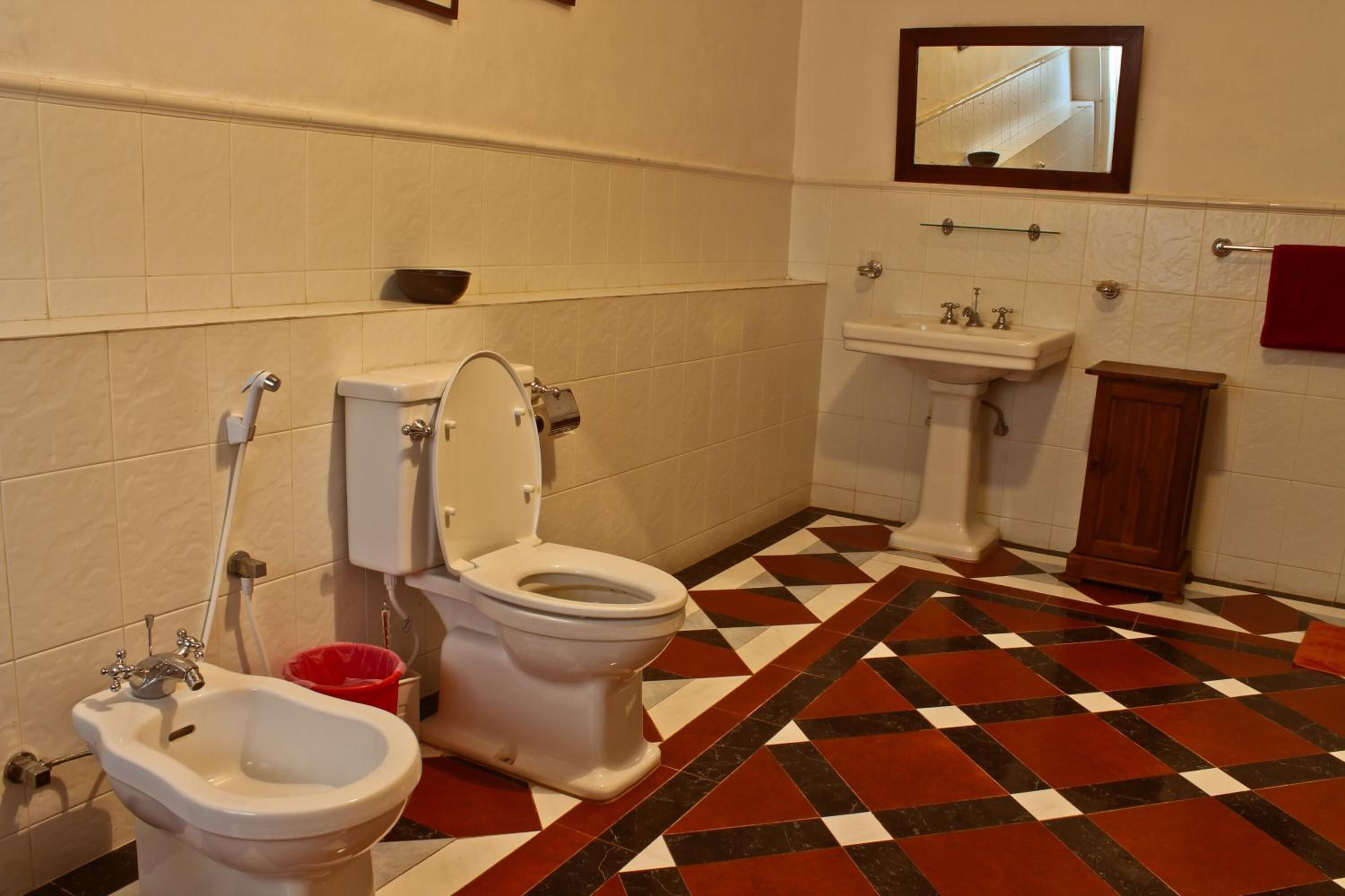 A bathroom with a toilet, bidet, sink, and a mirror.