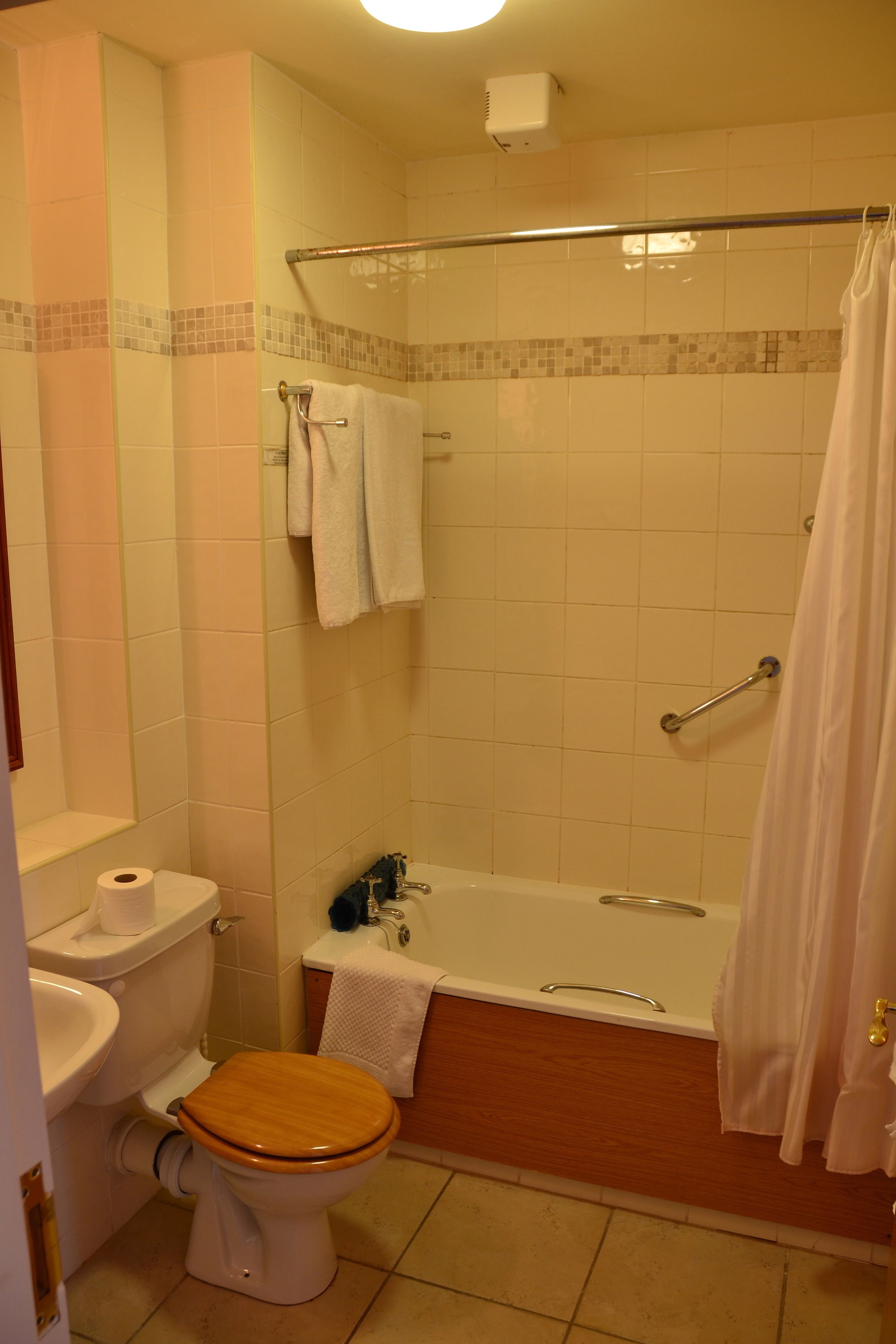 combined shower/bathtub, free toiletries, towels