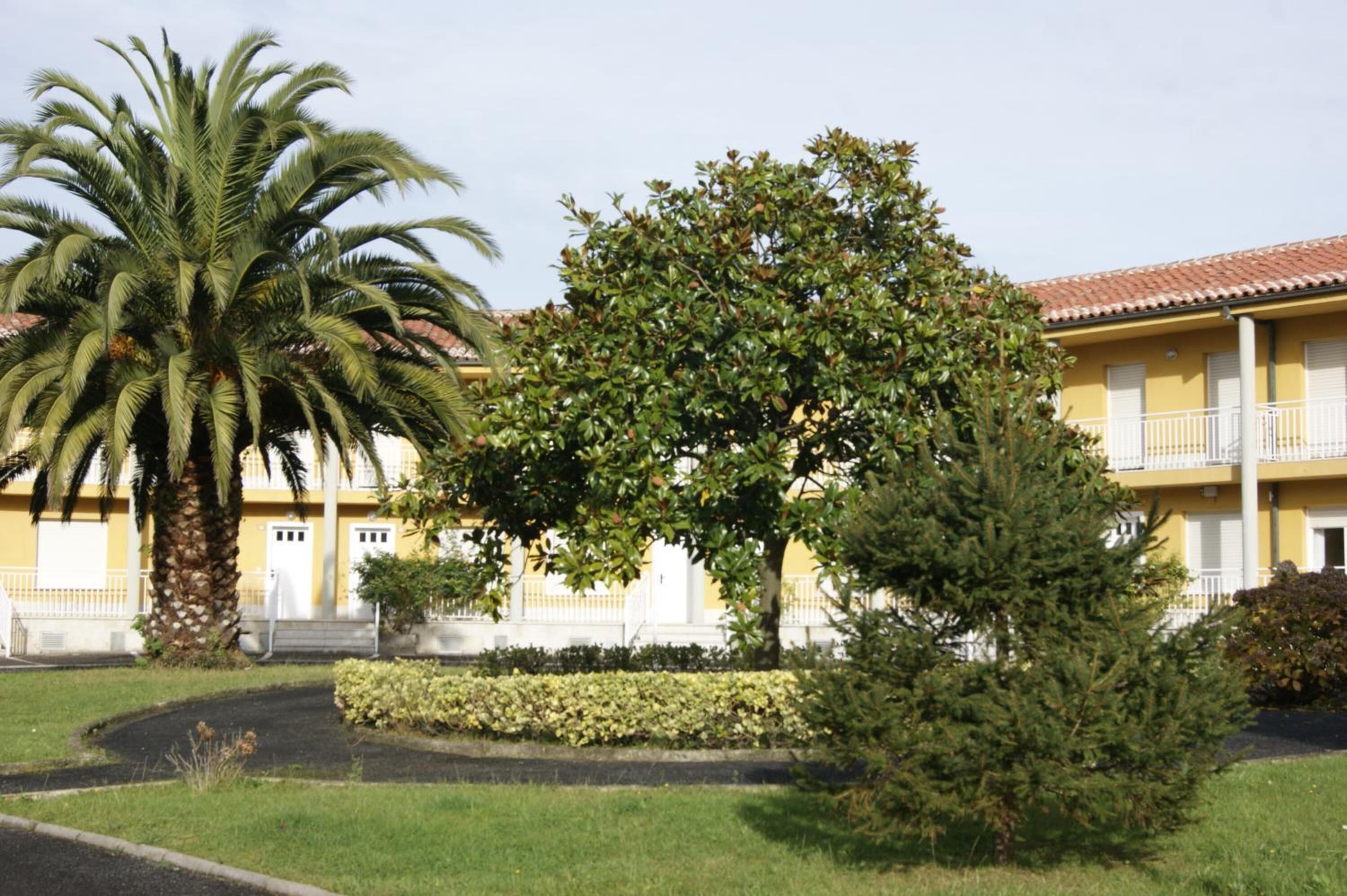 Un edificio amarillo con balcón, palmeras y un jardín bien cuidado.