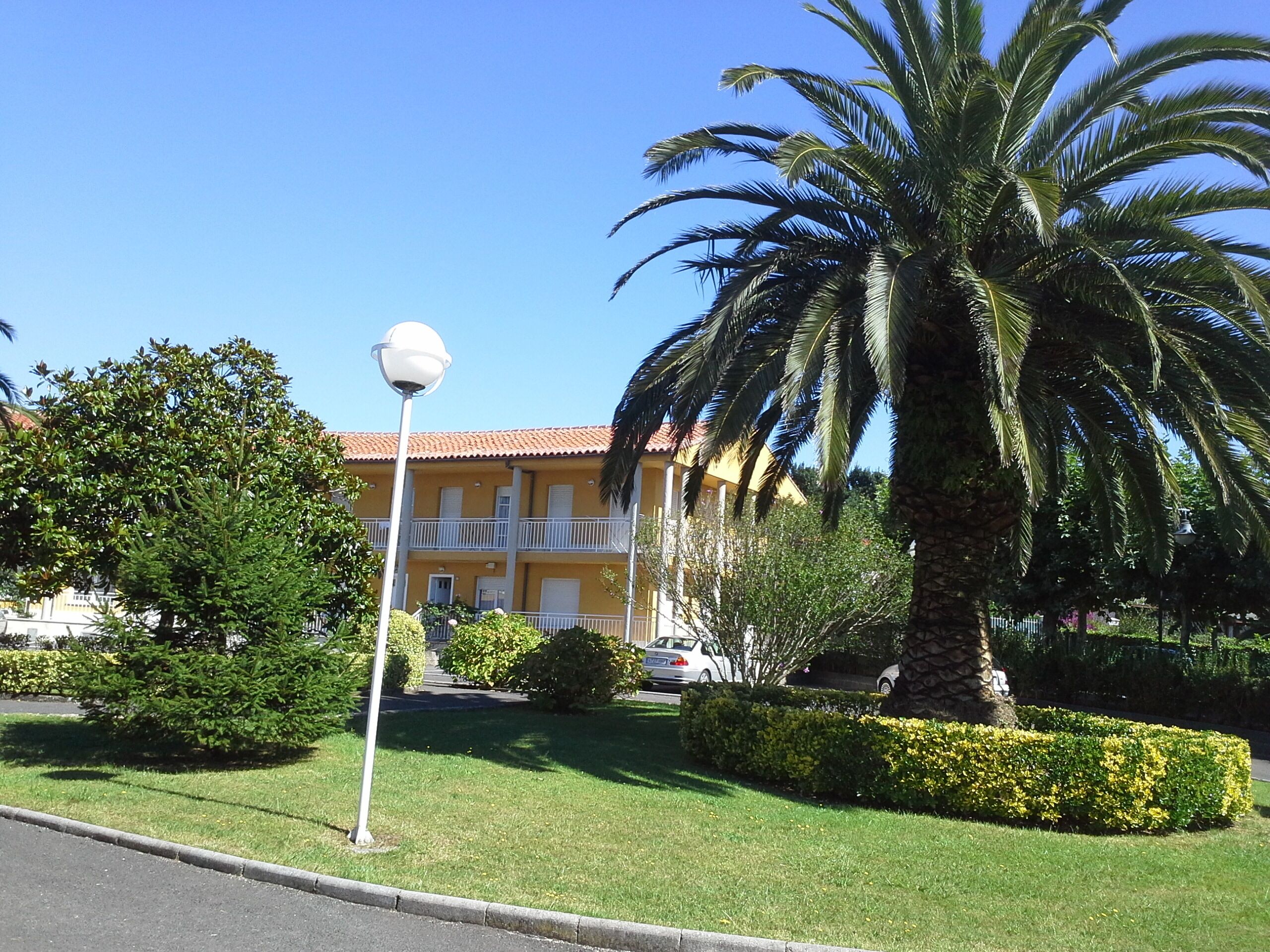 Un edificio amarillo con balcón, rodeado de abundante vegetación y una palmera.