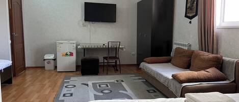 Habitación funcional con cama, escritorio, silla, televisor, armario y radiador.