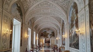 An ornate hallway with high ceilings, detailed frescoes, and classical columns. - Villa Abbamer (Grottaferrata)