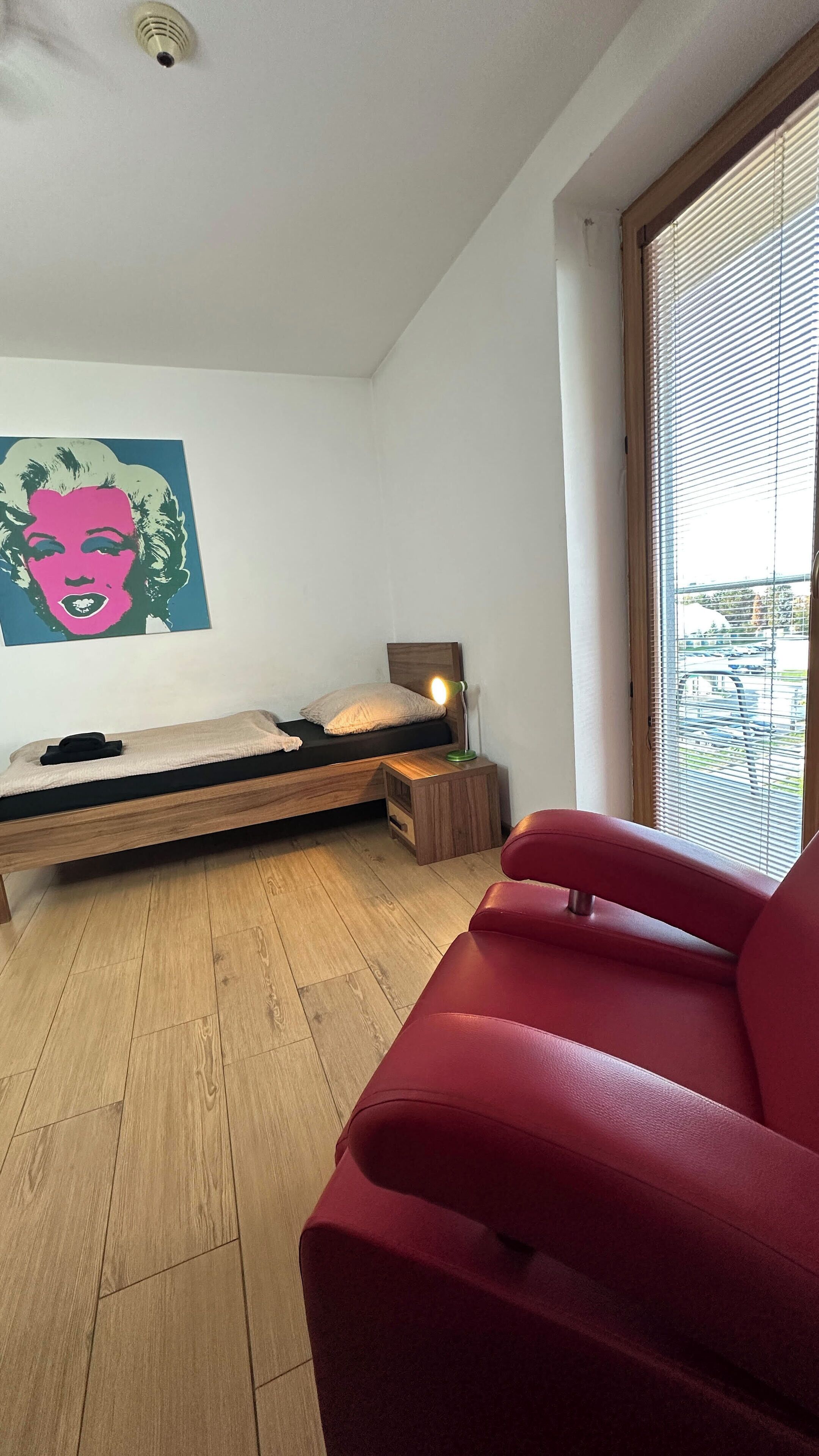 A room with a bed, a red sofa, a ceiling fan, a window with blinds, and a wall with a pop art style painting.