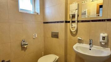 A bathroom with a toilet, sink, and window.
