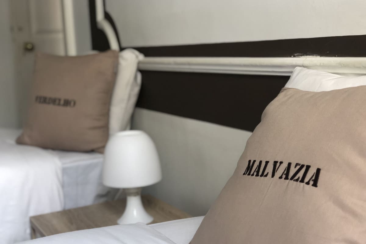 A hotel room with two beds, each with a pillow. One pillow has the word "MALVAZIA" on it.