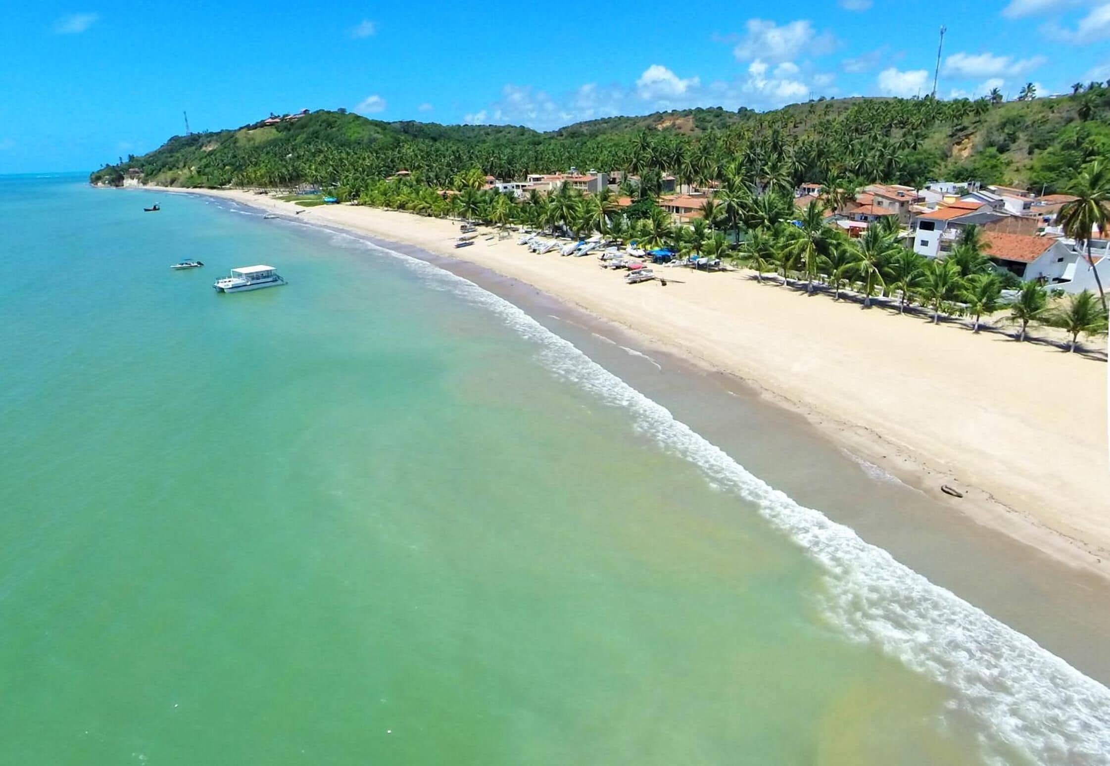 Une plage aux eaux turquoise et limpides, un rivage sablonneux et une rangée de maisons bordées de palmiers.