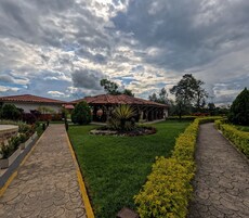 Un patio con un mirador, setos bien cuidados y un sendero empedrado.