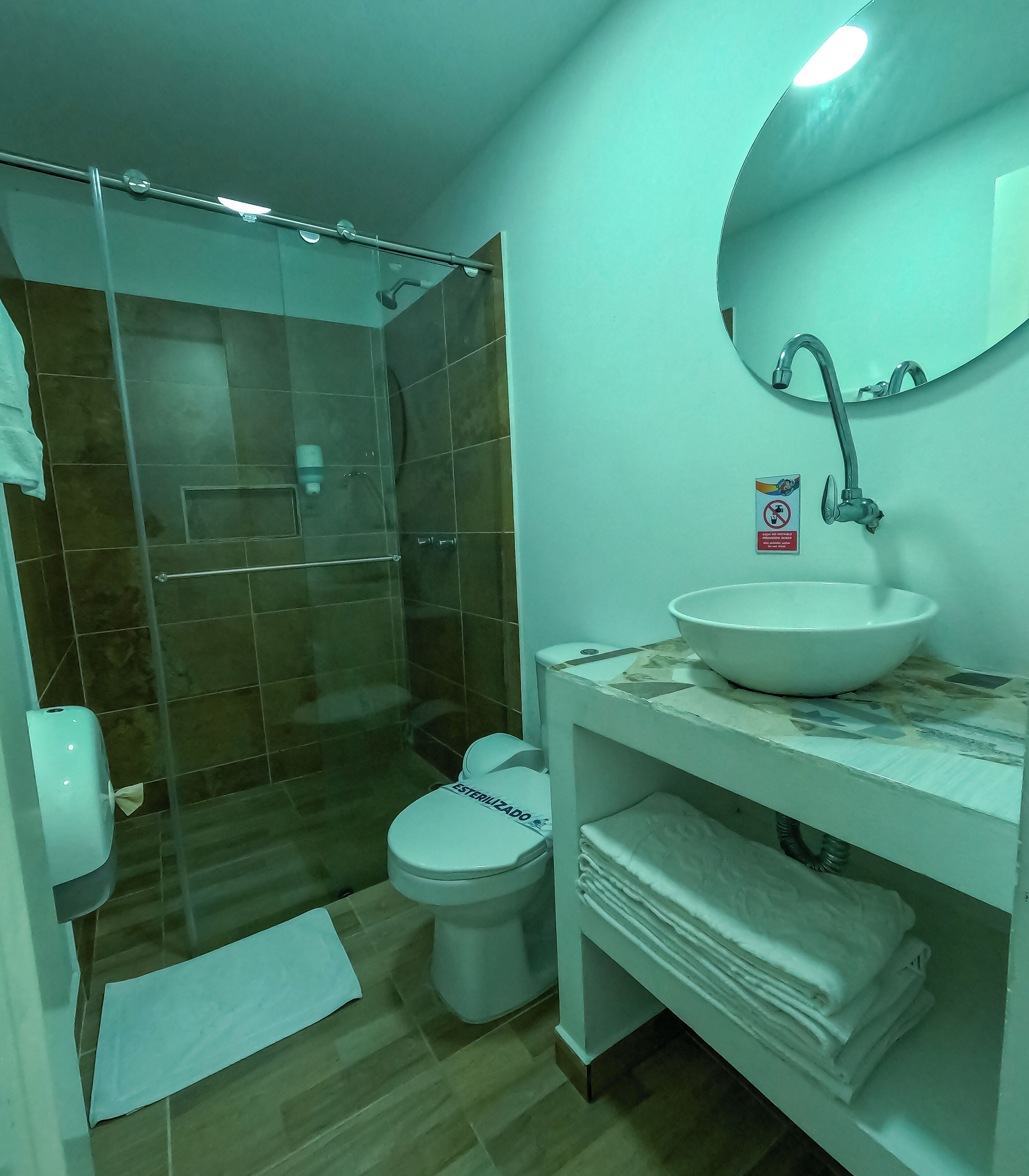 standard room, multiple beds | bathroom | shower, rainfall showerhead, towels