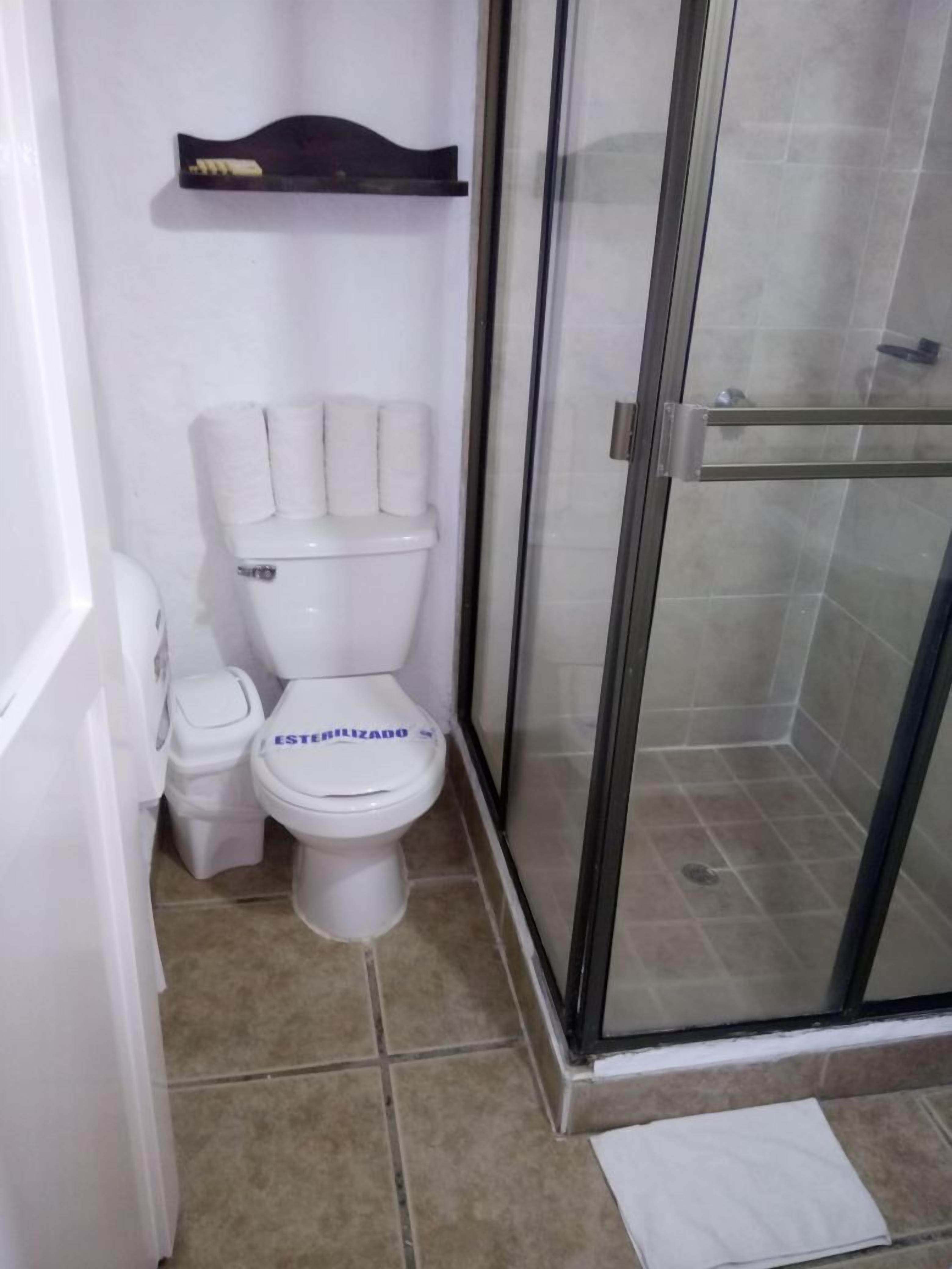 family room | bathroom | shower, rainfall showerhead, towels