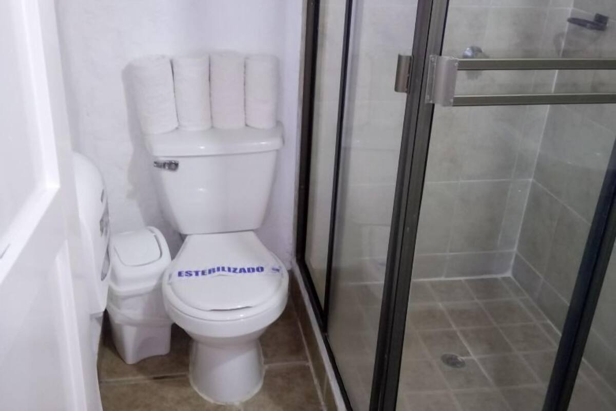 family room | bathroom | shower, rainfall showerhead, towels