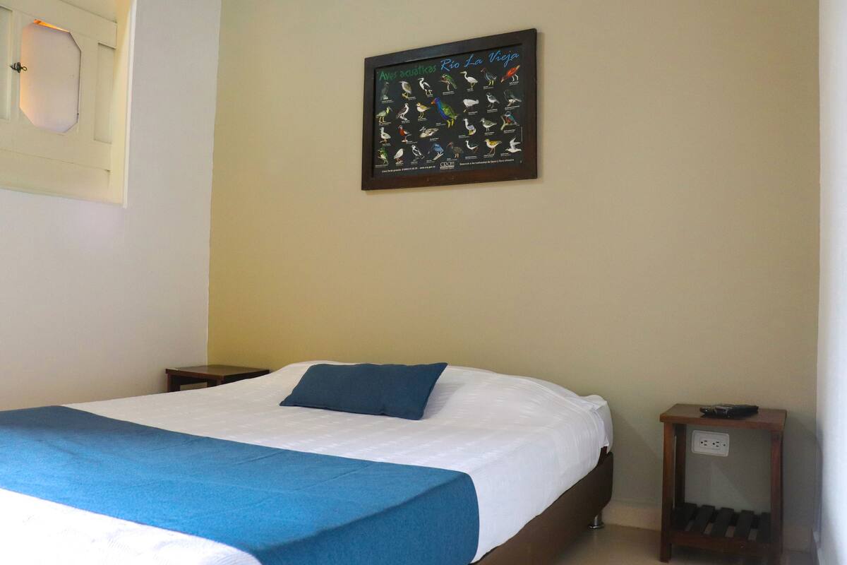 Une chambre d’hôtel avec un lit, une table de chevet, un tableau représentant des oiseaux accroché au mur et une prise électrique sur la table de chevet.