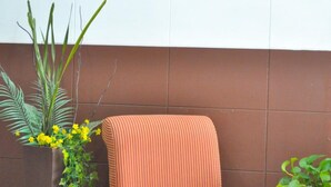 Una habitación con un banco acolchado marrón, una planta en maceta con flores amarillas y un cuadro en la pared.