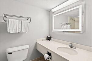 Combined shower/tub, free toiletries, hair dryer, towels