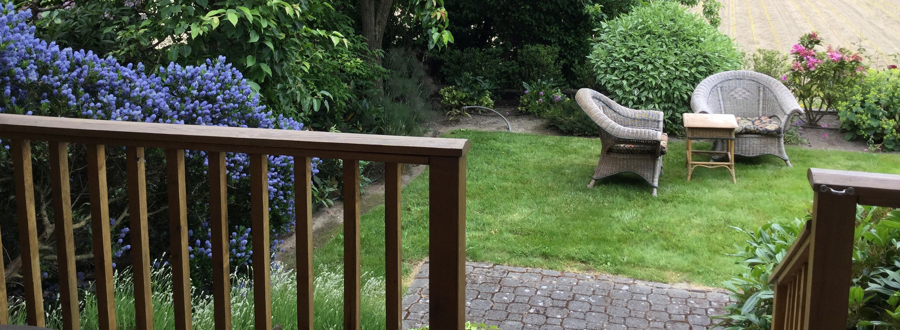 A garden with a wooden deck, a wicker chair, a small table, and lush greenery.