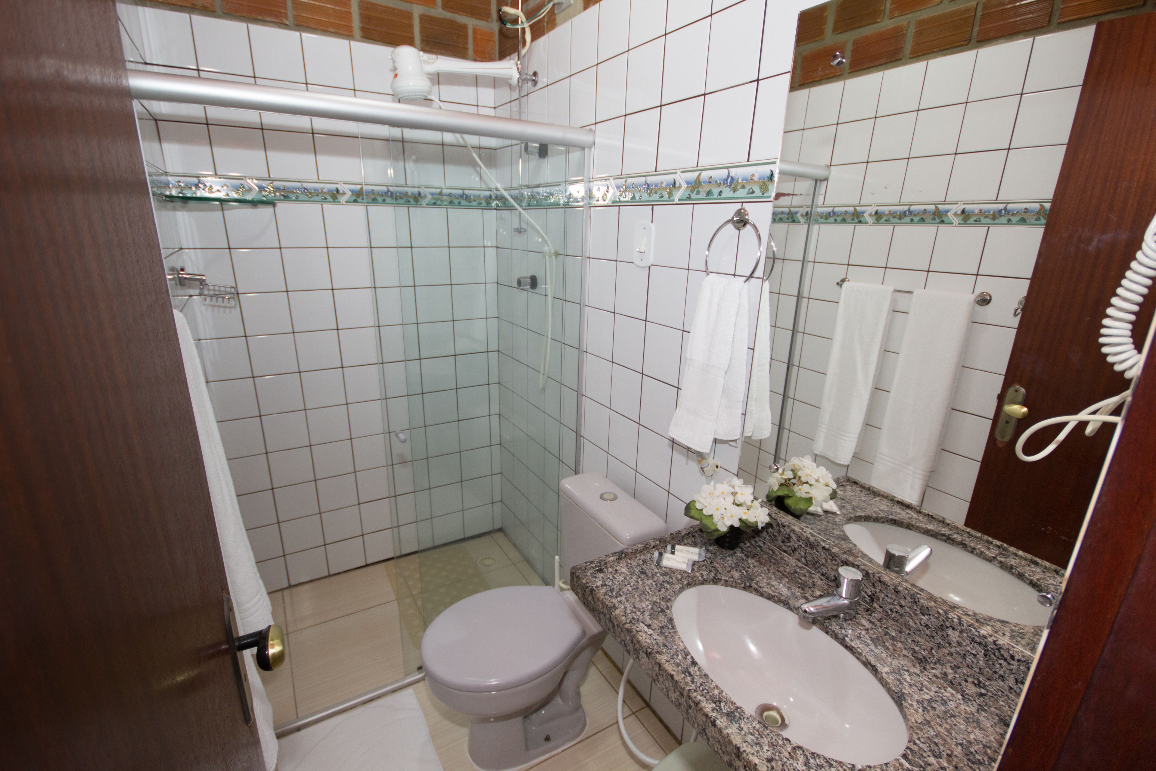 Une salle de bain comprenant des toilettes, un lavabo, une douche et un miroir.