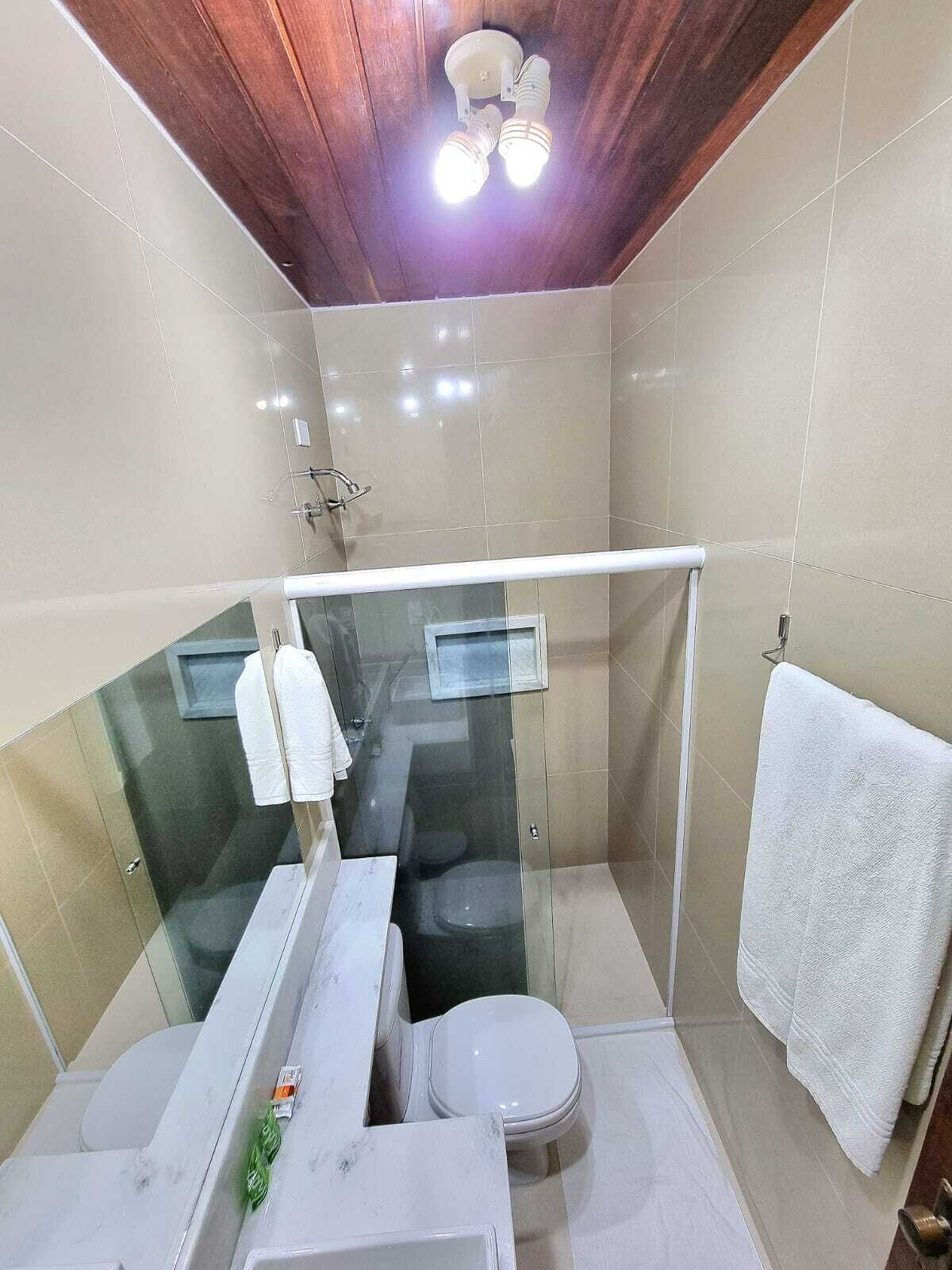 A modern bathroom with a glass shower enclosure, a toilet, and a sink.