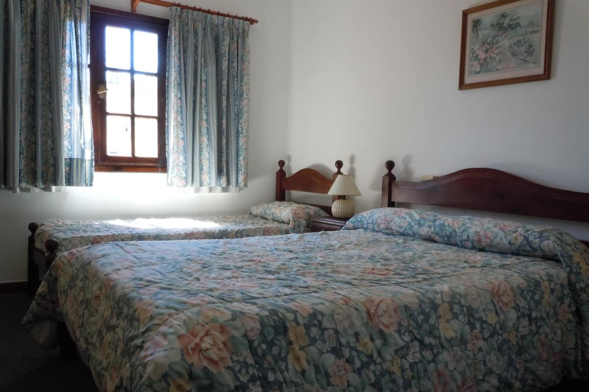 Un dormitorio con dos camas individuales, una ventana con cortinas, una lámpara de noche y un cuadro en la pared.