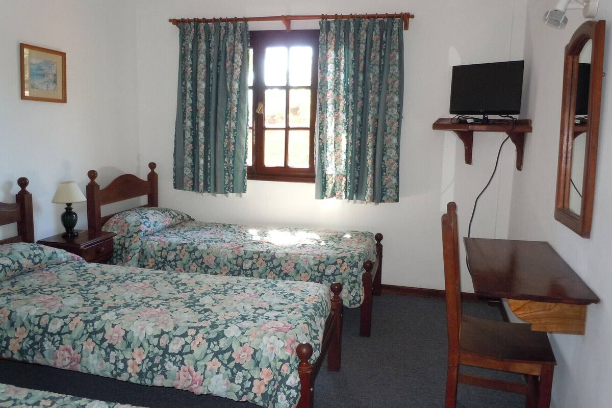 Un dormitorio con dos camas individuales, un escritorio, una silla, un televisor y una ventana con cortinas.